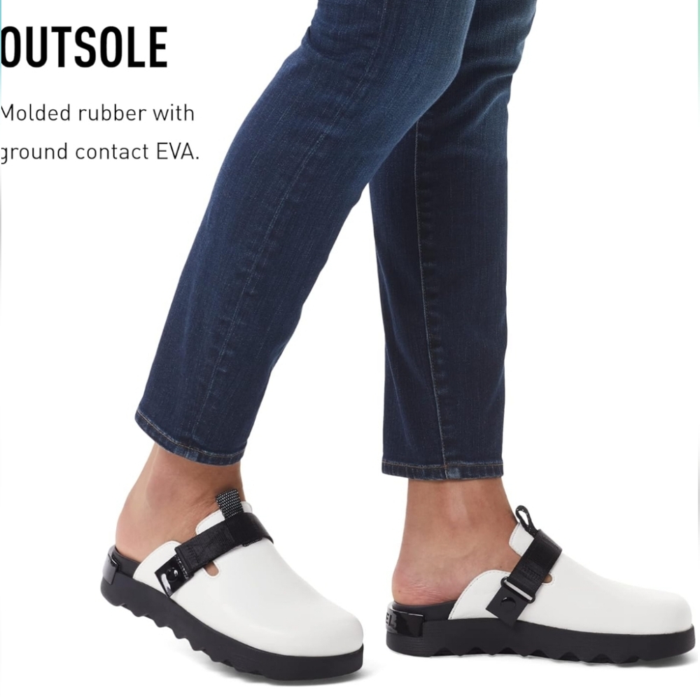 Sorel White and Black Clog Mules